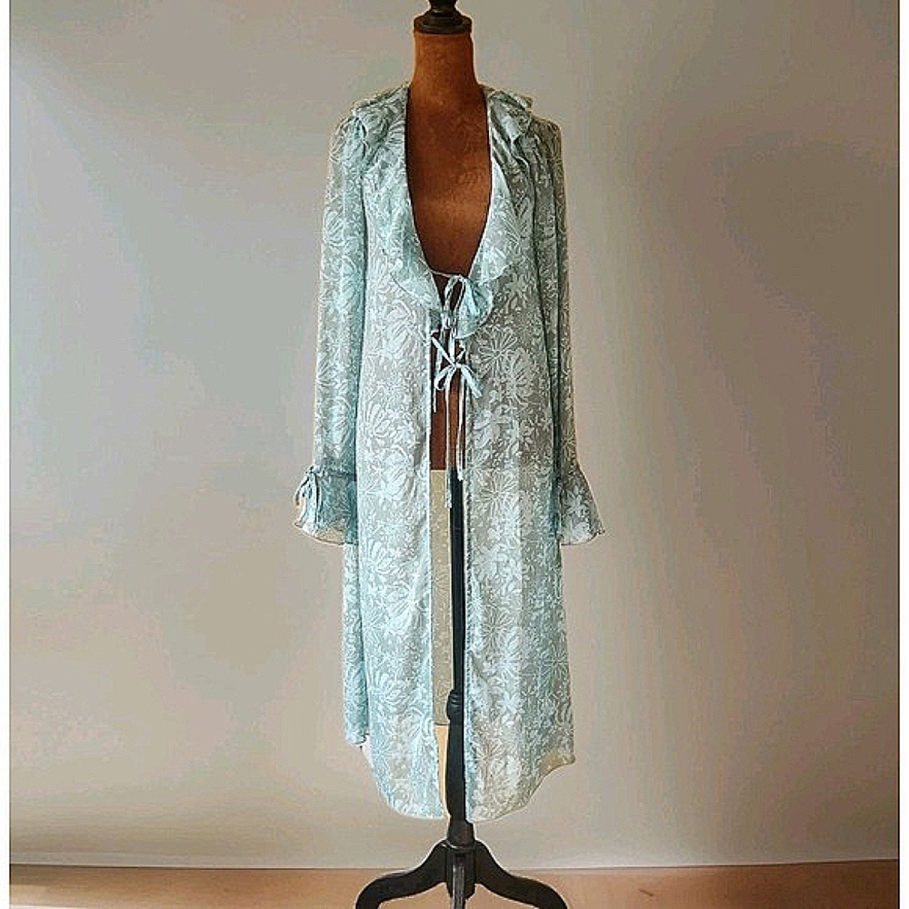 Wild Fable Duster Long Cardigan‎ Sheer Ruffle Blue Green Boho Festival XXS